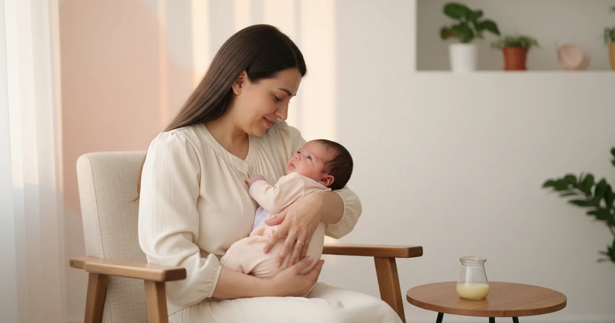Krem rəngli geyimdə ana başını dəstəkləyərək yenidoğulmuş körpəsini qucağında saxlayır.