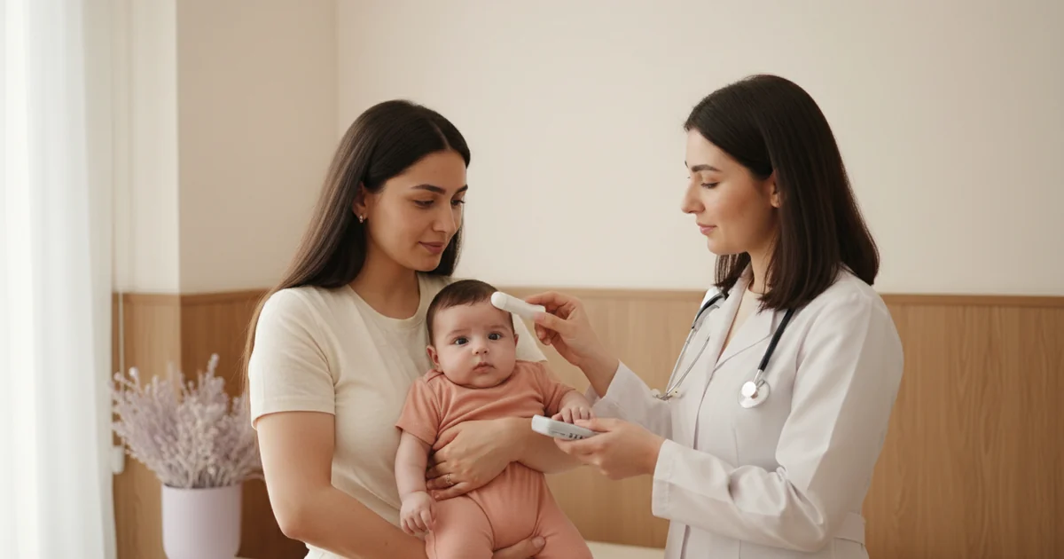Tibb işçisi valideynin qucağındakı yenidoğulmuşda sarılığı cihazla qiymətləndirir.